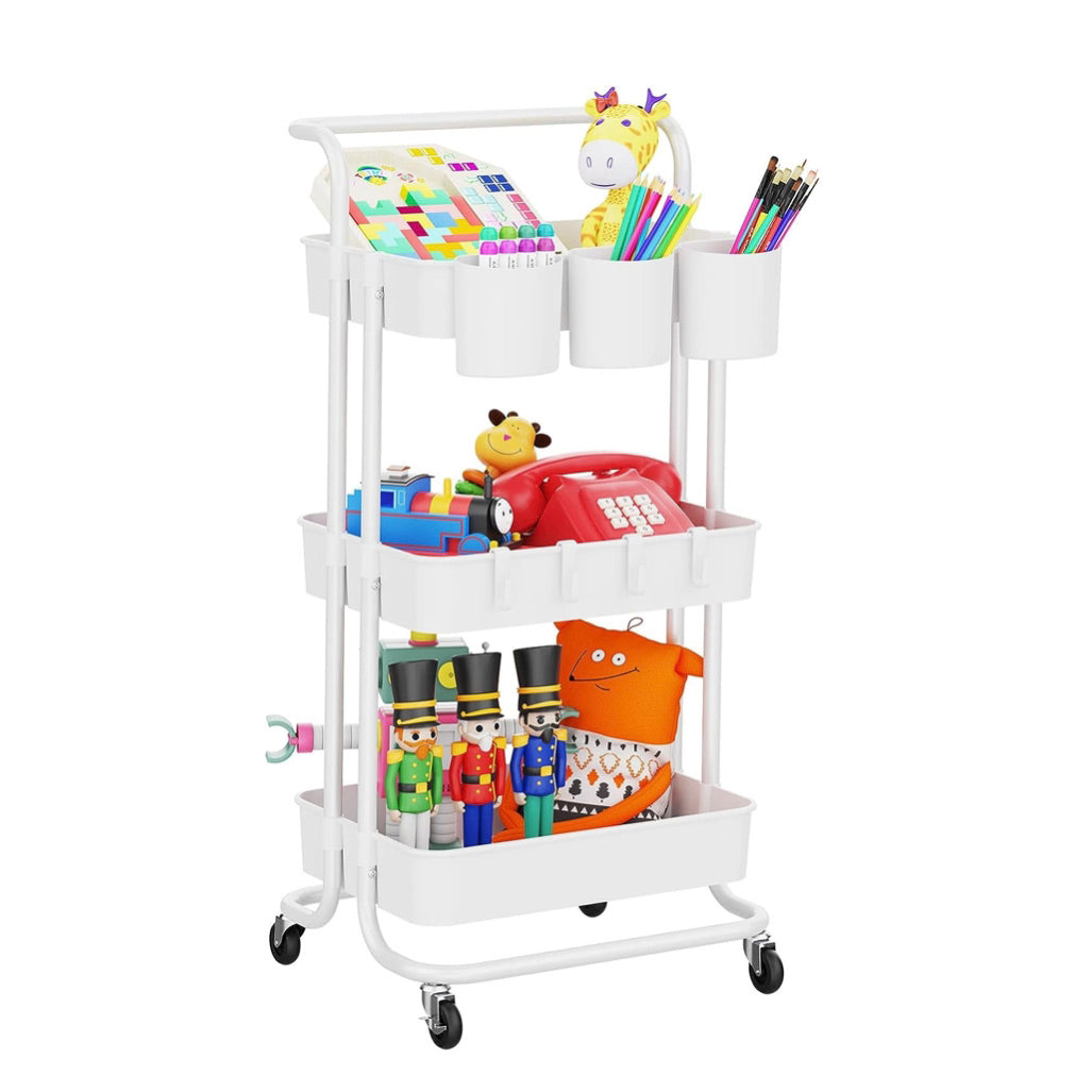 3-Tier Rolling Utility Cart with Hanging Cups & Hooks & Handle