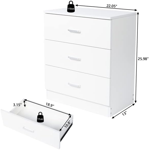 3 Drawer Dresser, Wood Drawer Chest Dresser Cabinet with Storage