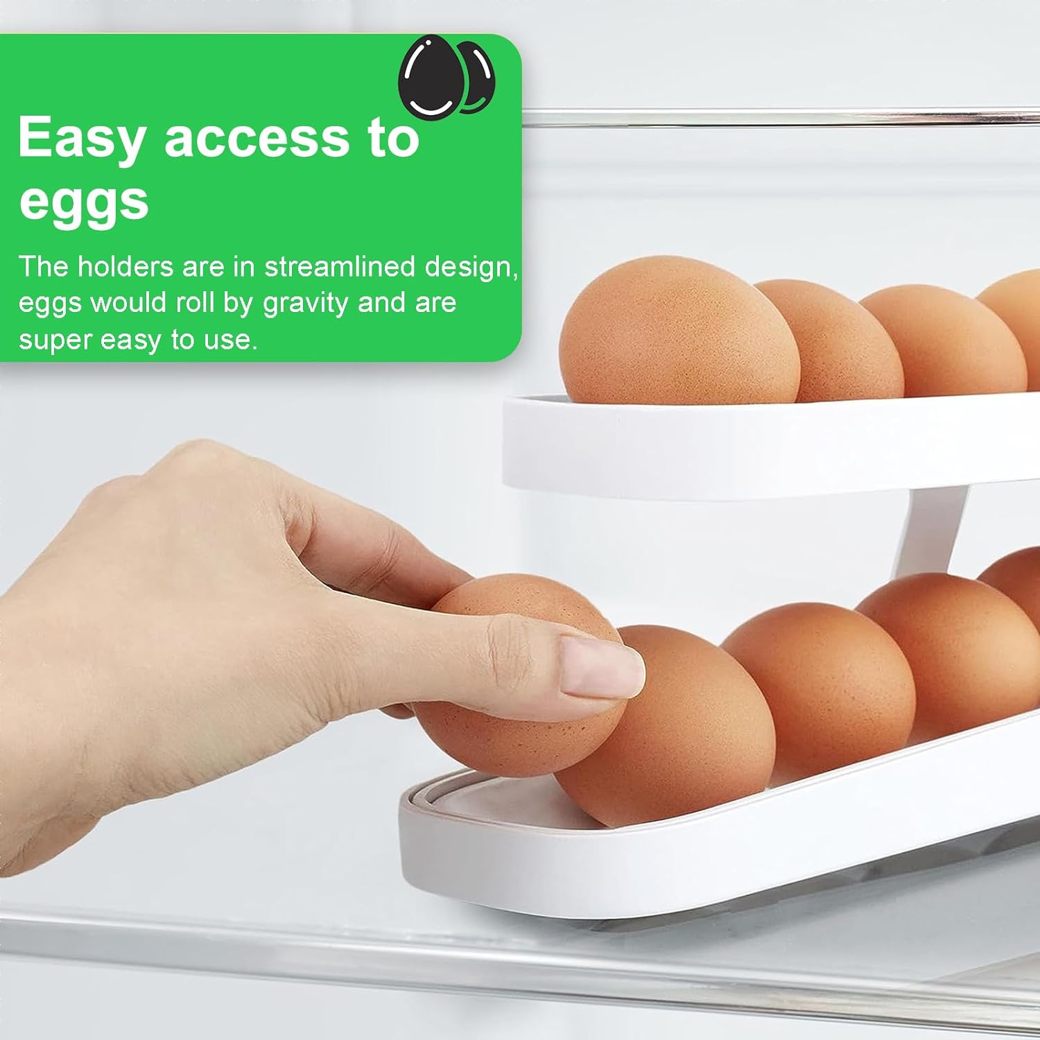 Space Saving Rolling Eggs Dispenser and Organizer for Refrigerator Storage