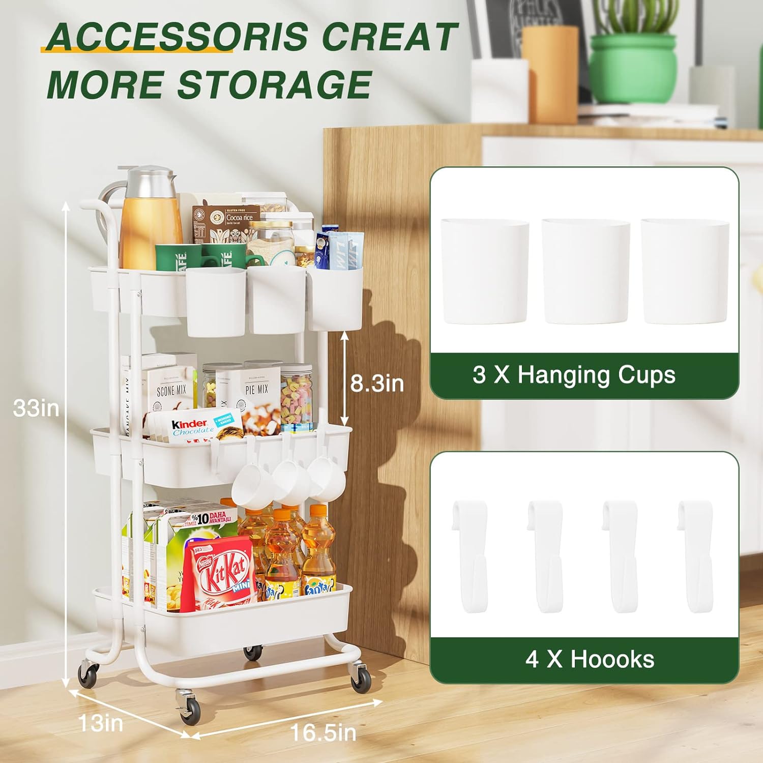 3-Tier Rolling Utility Cart with Hanging Cups & Hooks & Handle