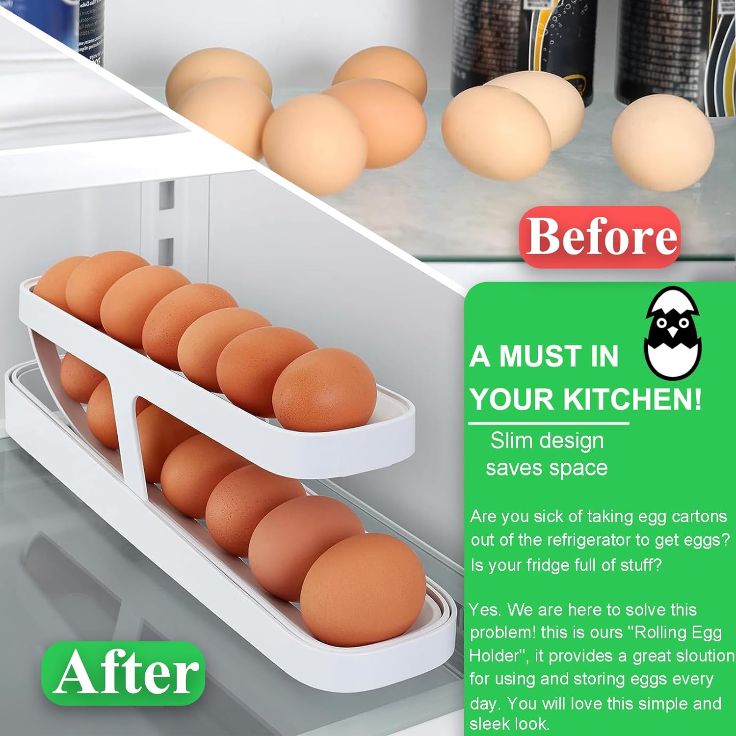 Space Saving Rolling Eggs Dispenser and Organizer for Refrigerator Storage